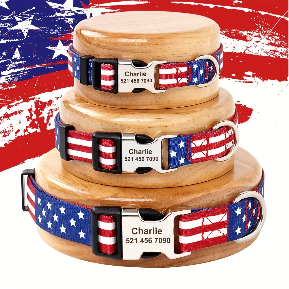 Adjustable Patriotic Nylon Dog Collar with American Flag Design