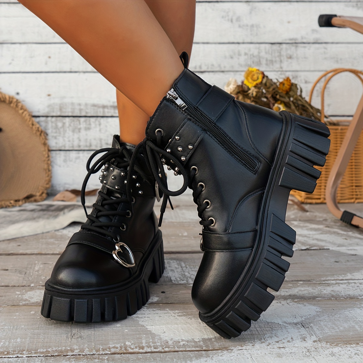 Women's Gothic Platform Ankle Boots, Round Toe Lace Up Buckle