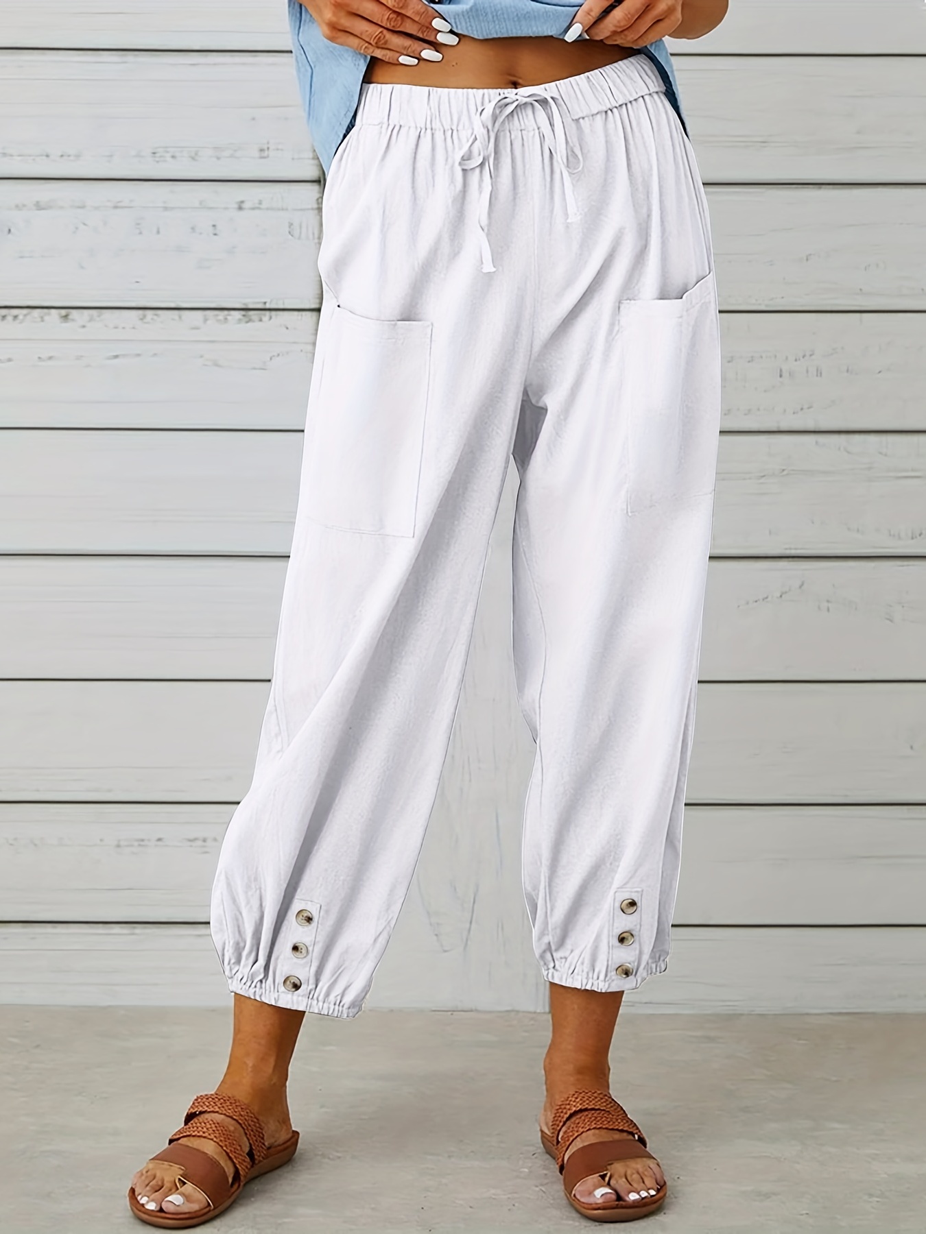 Drawstring Capri Pants Casual Solid Versatile Pants Pockets - Temu