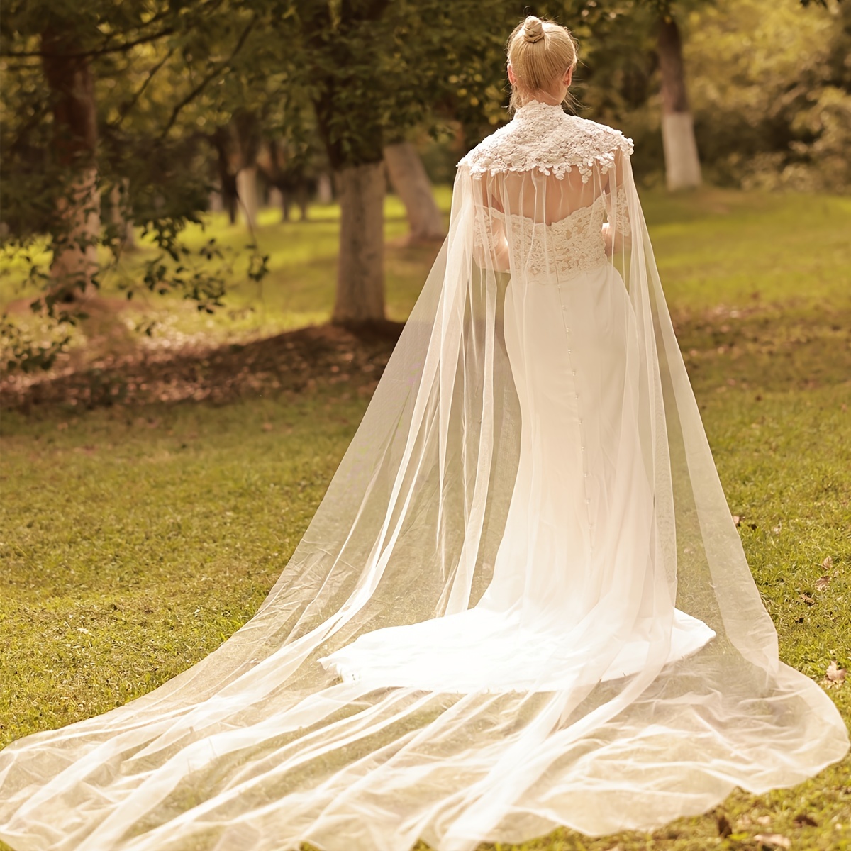 Pure White Elegant Bridal Lace Cape Long Embroidered Edg - Temu