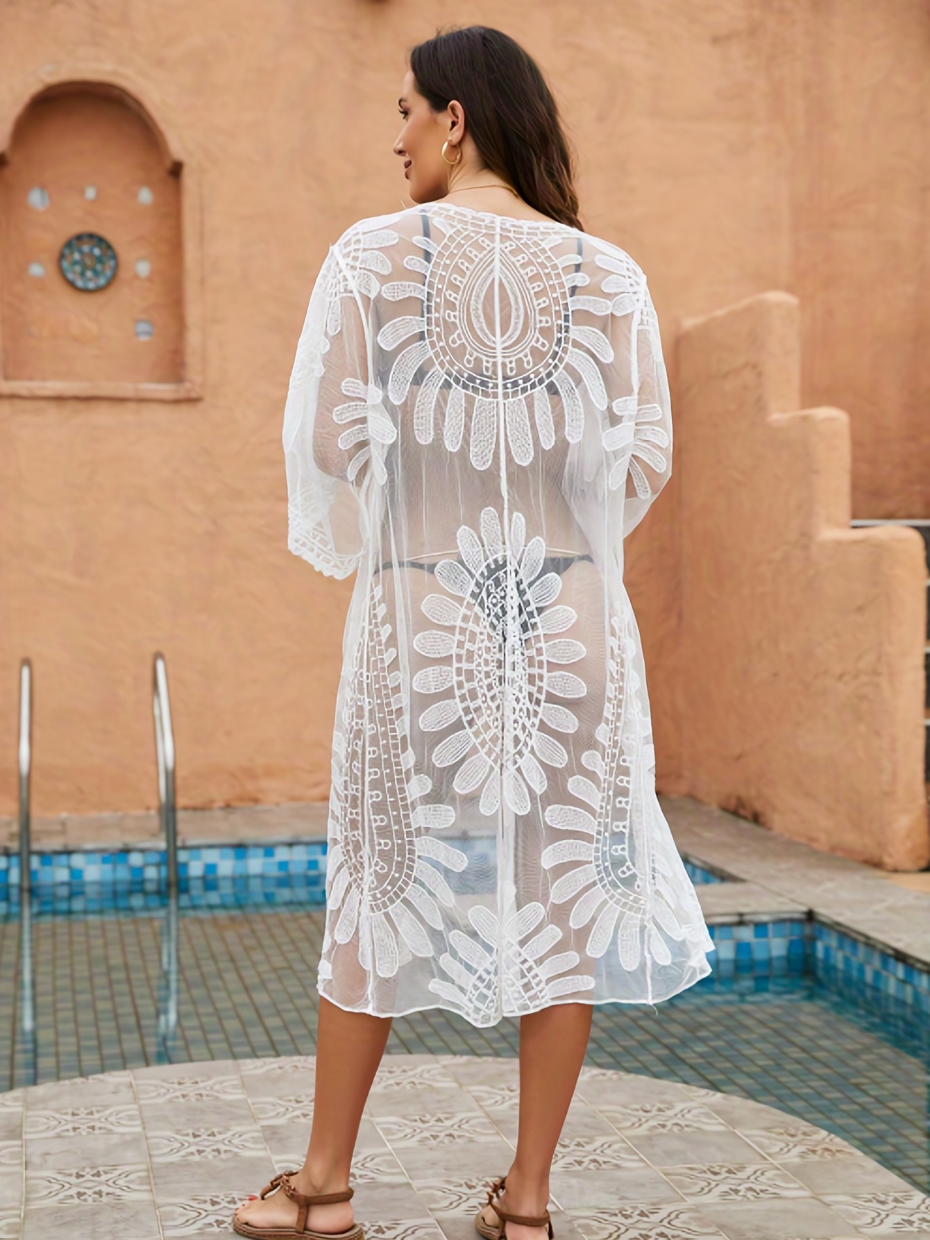 White Floral Embroidery Mesh Kimono Cover Up Beachwear Swimw