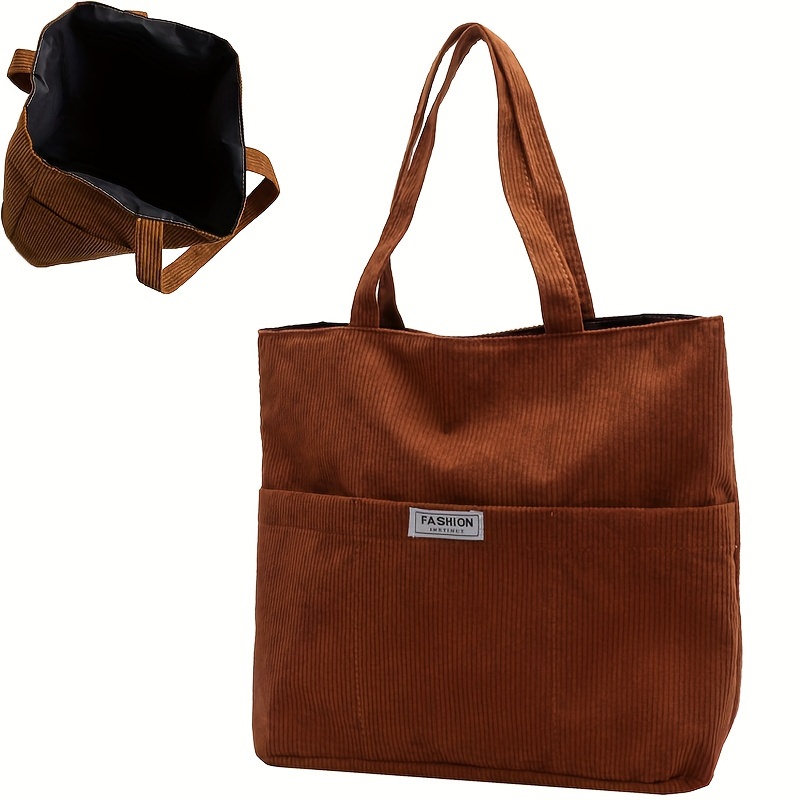 Simple Corduroy Tote Bag, Letter Patch Decor Shoulder Bag, Multi Pockets  Crossbody Bag - Temu