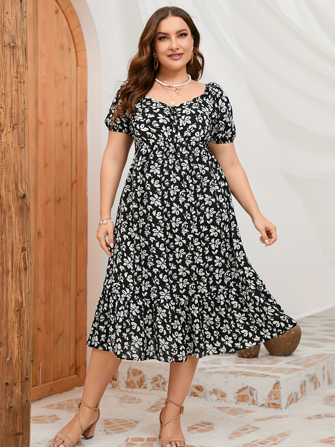 Plus Size Casual Dress Women's Plus Ditsy Print Shoulder - Temu Canada