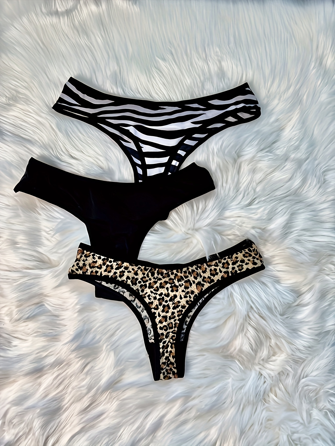 3 Pcs Sexy Thongs, Leopard Zebra Print & Plain Black Breathable Stretchy  Intimates Bikini Panties, Women's Lingerie & Underwear
