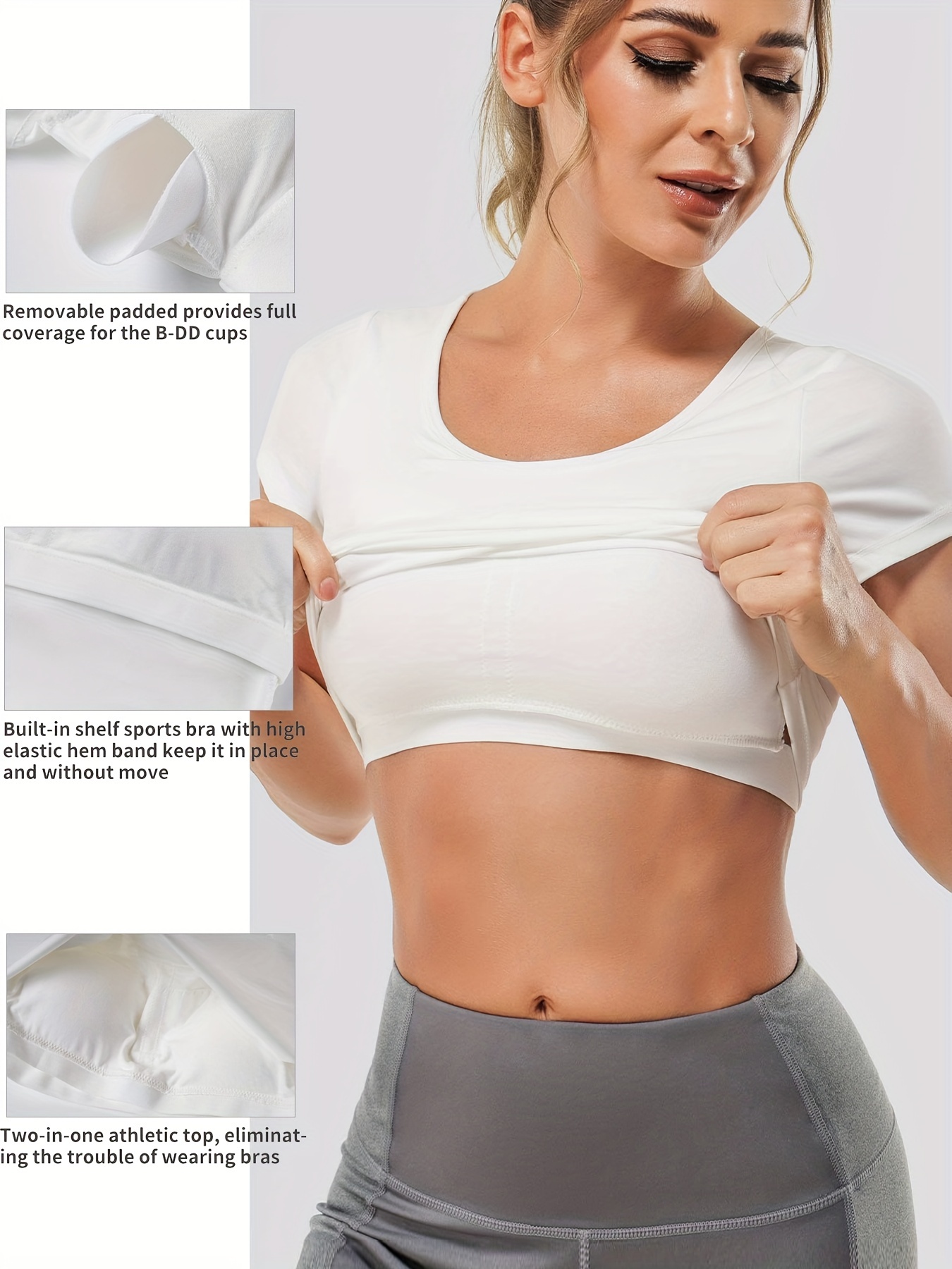 Women Yoga Crop Tops, Long Sleeve Workout Top with Built-in Shelf