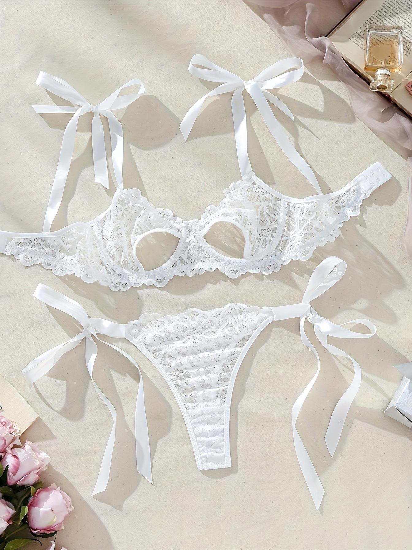 Floral Lace Lingerie Set Intimates Bra Bow Knot Thong - Temu