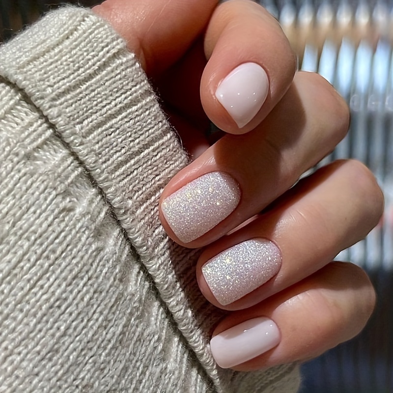 24 Short Square French Minimalist Aurora Glitter Nails