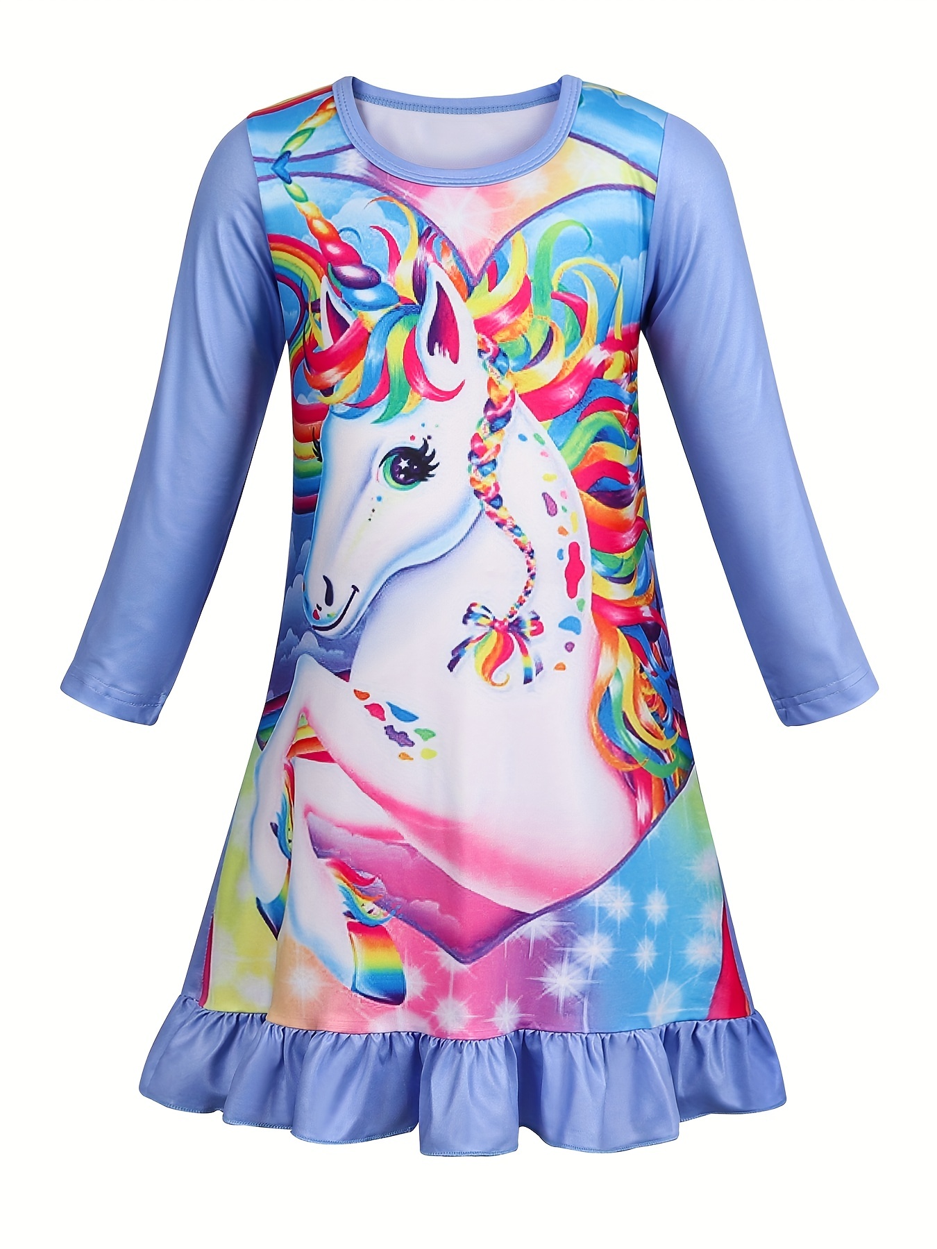 Girls Unicorn Print Nightdress Kids Short Sleeve Ruffle Hem Nightgowns  Sleepwear Pajama Dresses Kids Summer Clothes