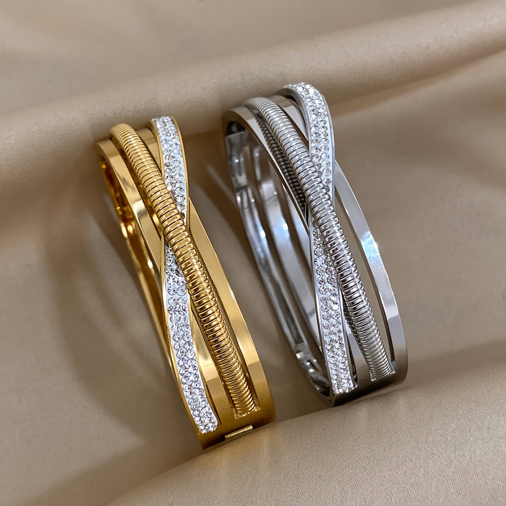 

1pc Crossed Rhinestone Stainless Steel Bracelet For Men Women, Fashion Spiral Layered Irregular Bracelet, Jewelry Accessories