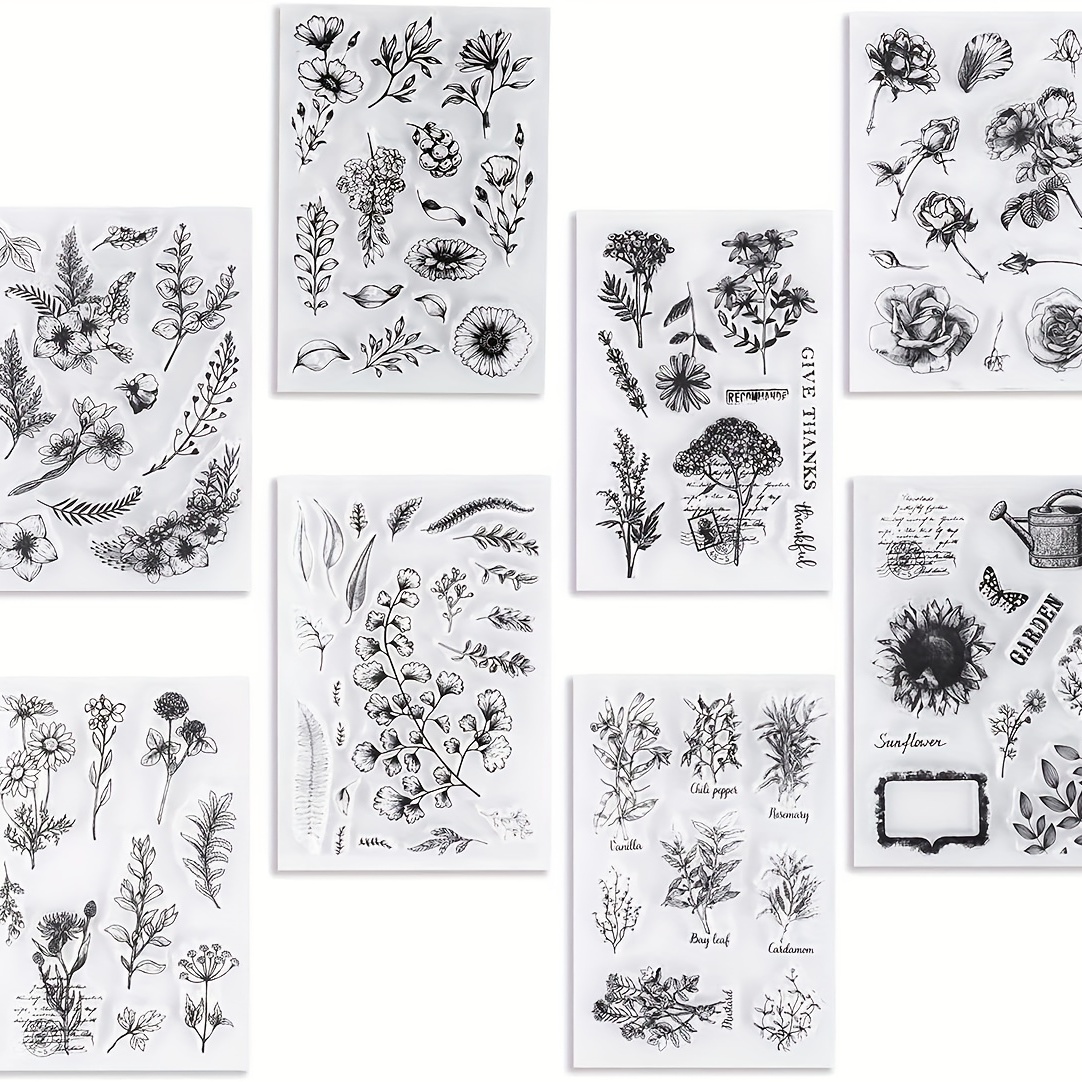 

8 feuilles de tampons transparents, tampons en silicone de plantes et de fleurs vintage, petits tampons transparents pour la décoration de cartes et le scrapbooking DIY