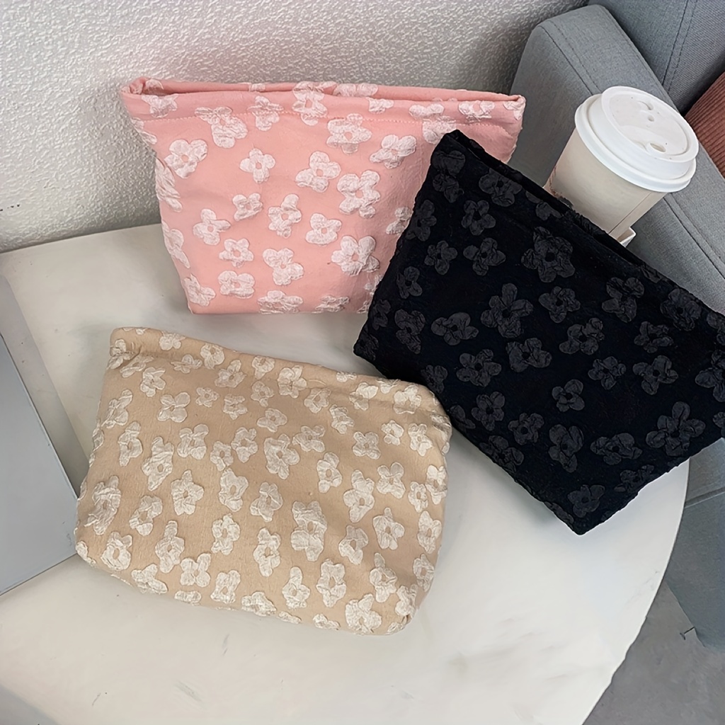 Floral Applique Zipper Portable Wash Bag, Cosmetic Storage Bag