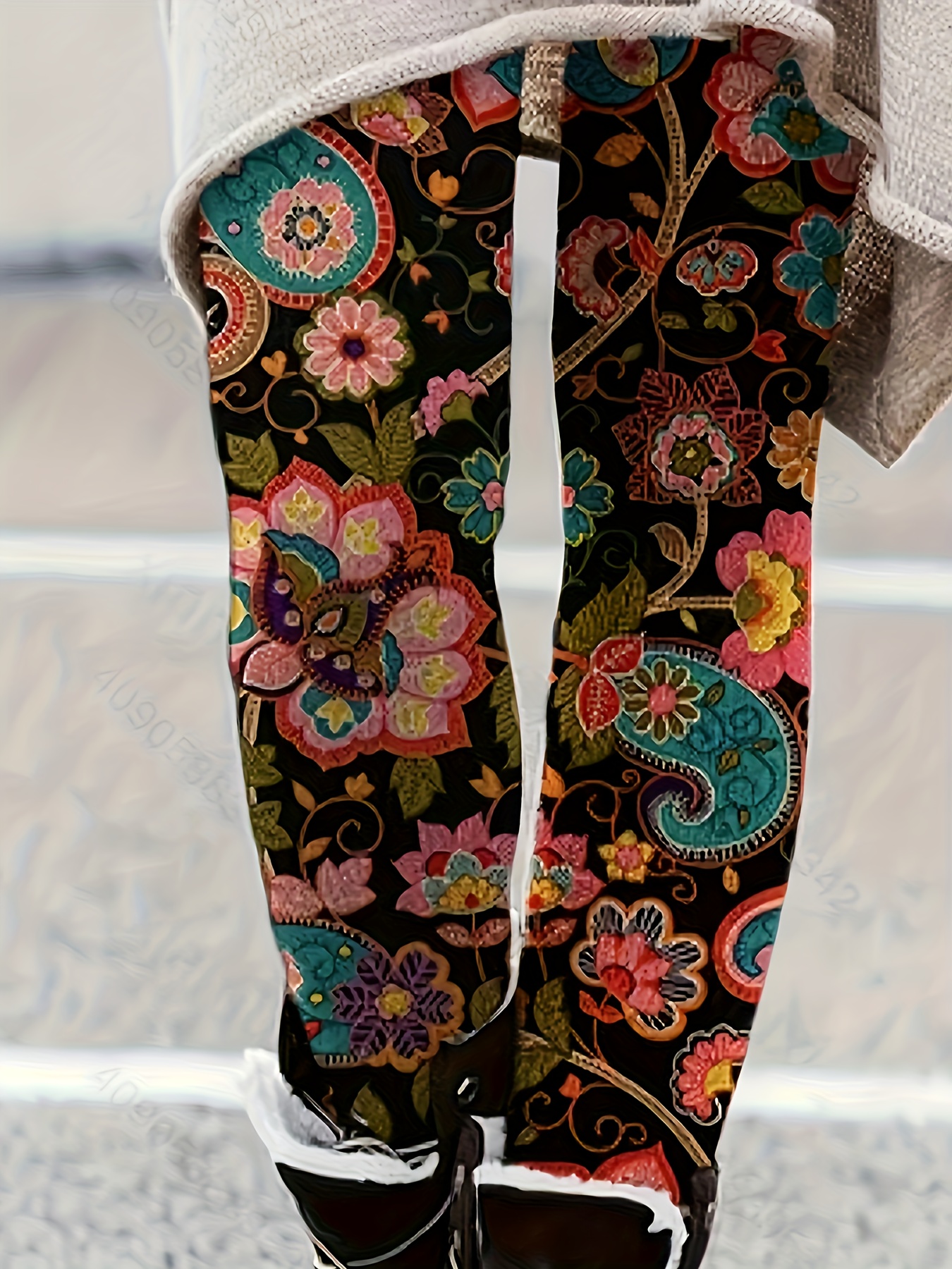 Ethnic Floral Print Leggings, Sexy High Waist Slim Long Length Leggings,  Women's Clothing