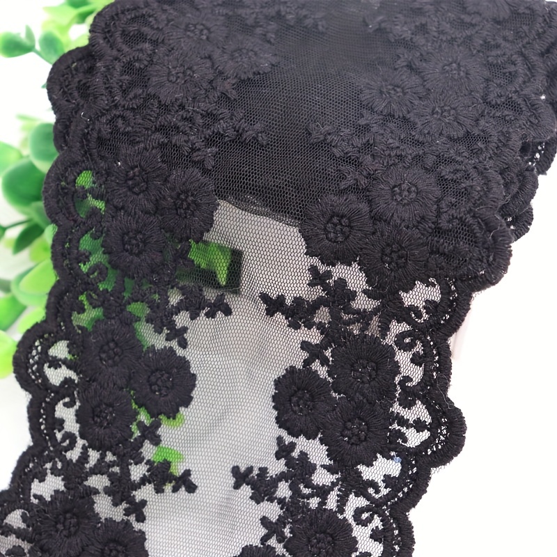 Stretch Lace Ribbon Trim, Floral Black Lace Fabric by The Yard