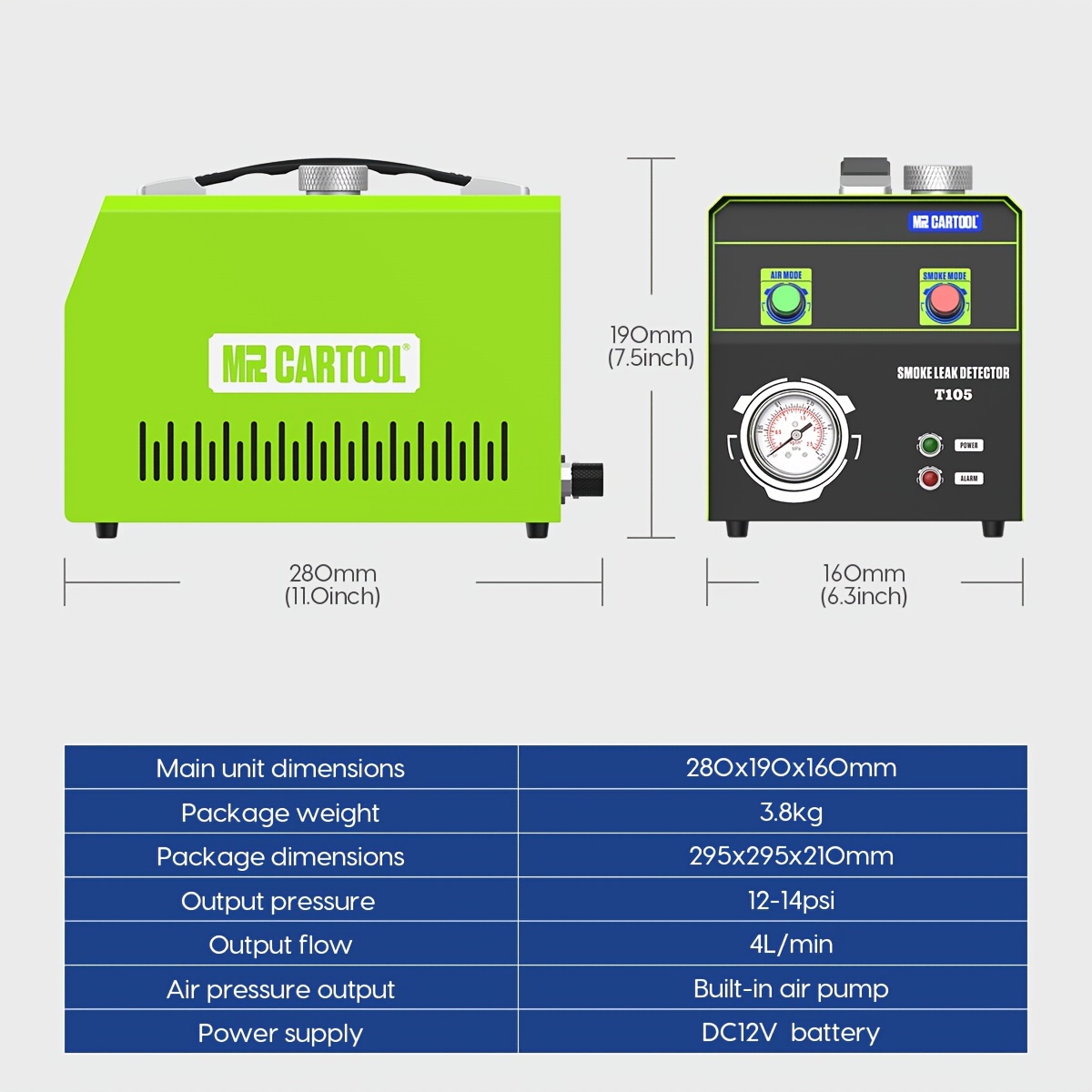 MR CARTOOL T130 Máquina de humo EVAP automotriz, sistema de tubería de  combustible de doble modo de 12 V, detector de fugas con nivel de aceite y