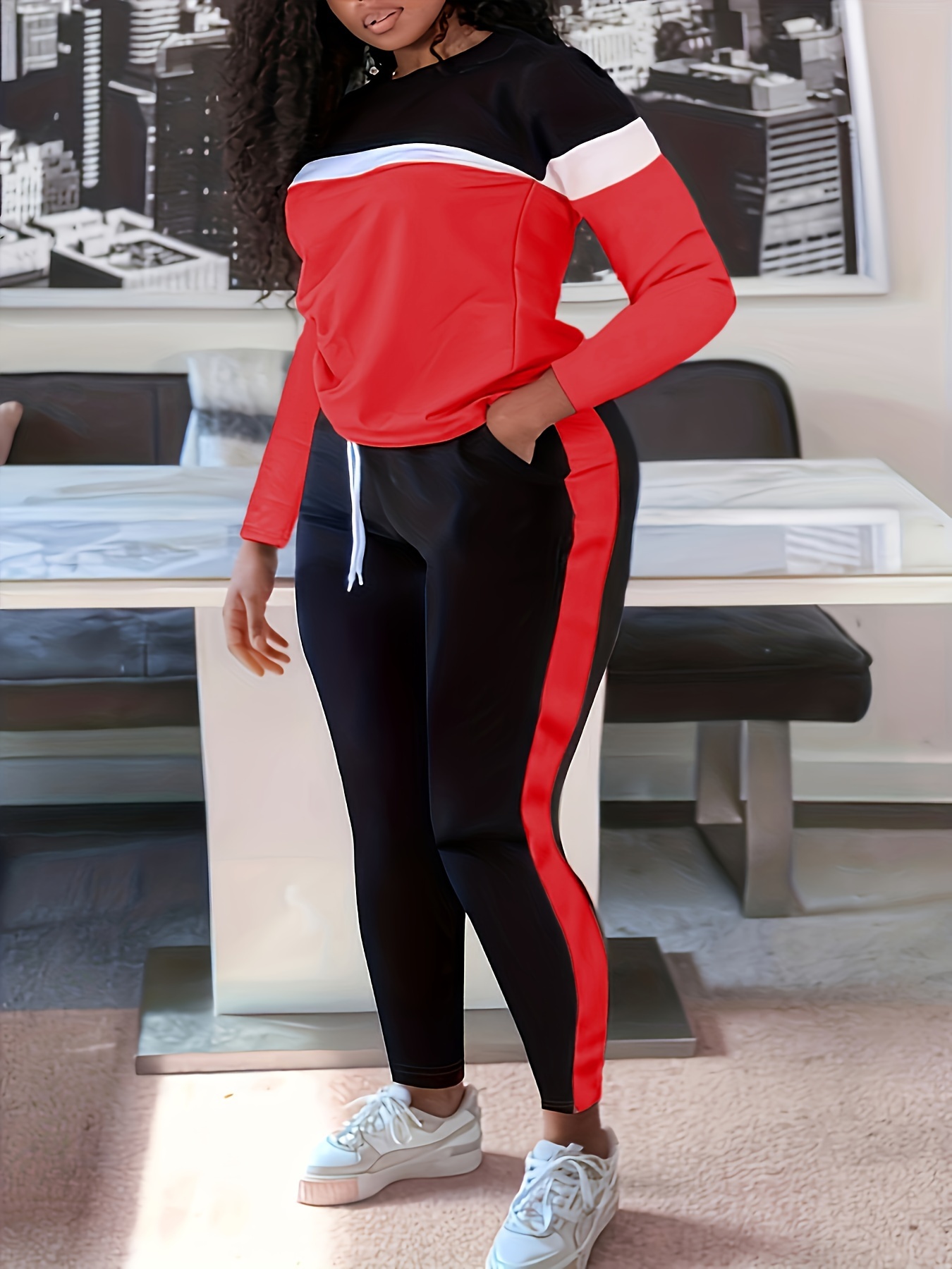 Women's Sports Outfit Set Plus Size Color Block Long Sleeve - Temu