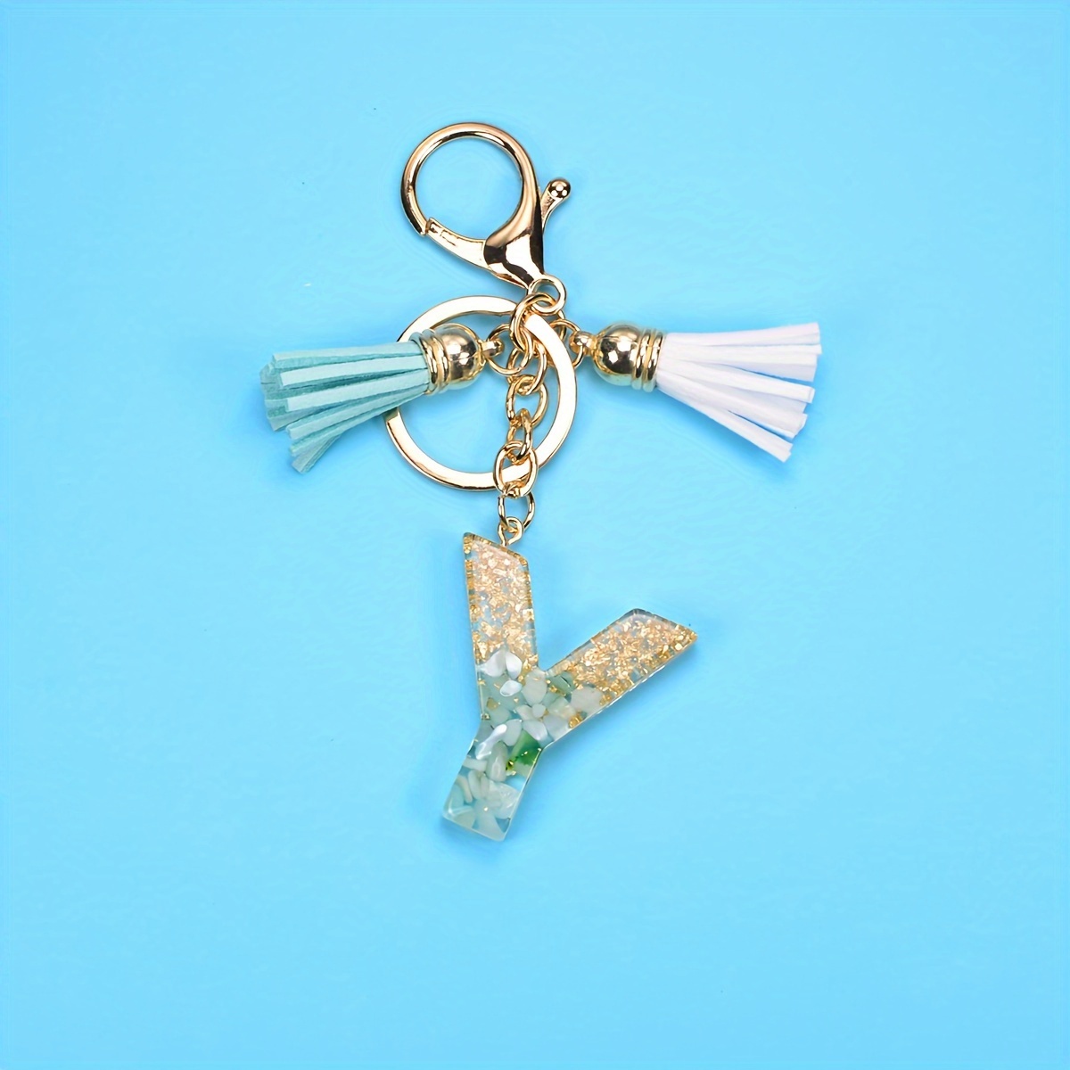 Gold Keychain - Collegiate Light Blue + White Tassel 