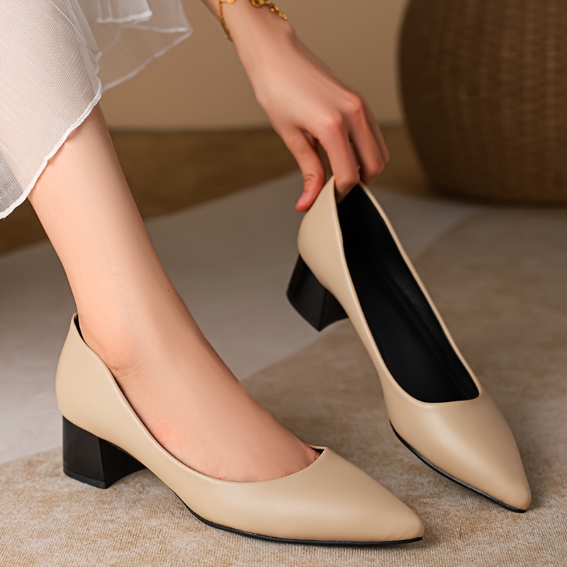 Zapatos Salón Tacón Grueso Mujer Puntiagudos Color Sólido - Temu