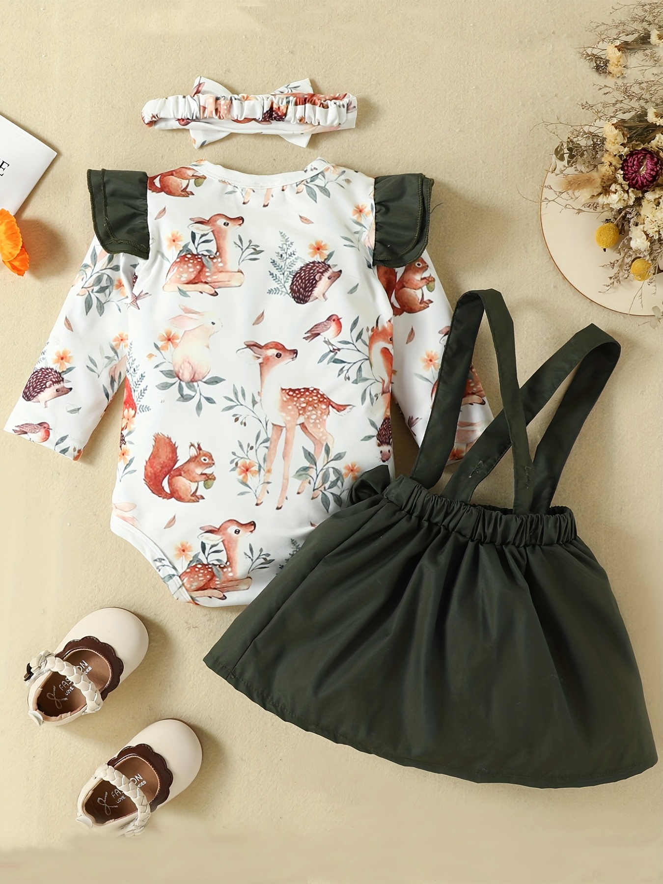 3PCS Baby Floral Print Romper & Suspender Dress Set
