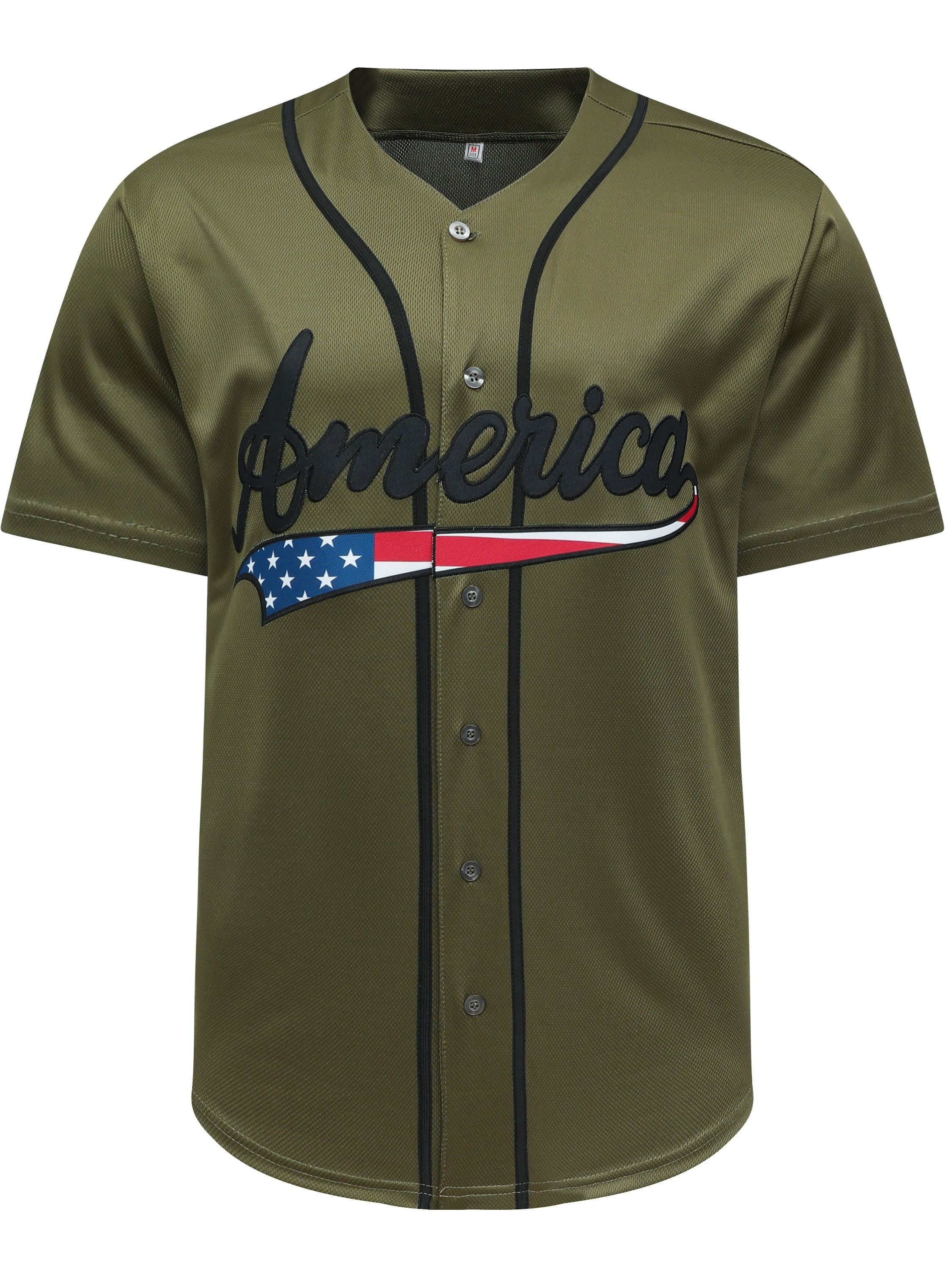 Men's Embroidery Baseball Jersey, #1 Retro Salute Olive Green Classics  Design Button Up Short Sleeve Breathable Baseball Shirt For Training