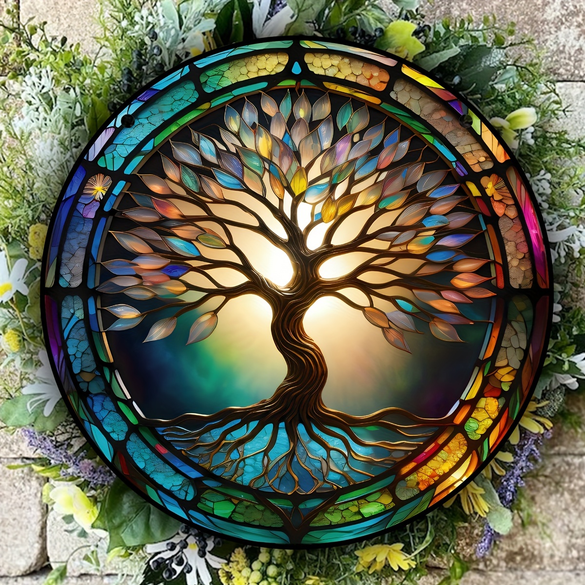 Tree of Life Four Seasons Stained Glass Painting Product,suncatcher Tree,  Gold Colored, Iron Stand, Glass Painting Seasonal Themed Object 