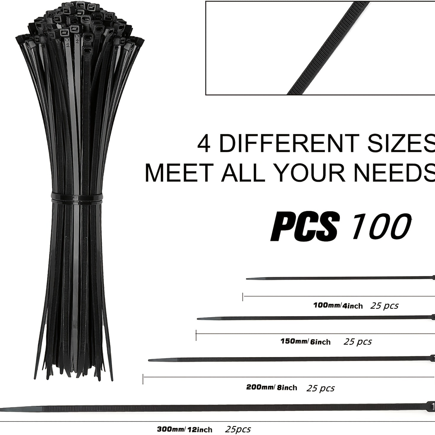 Reusable Self-Gripping Cable Ties, 1/4 X 8 Inches, Black, 25 Ties