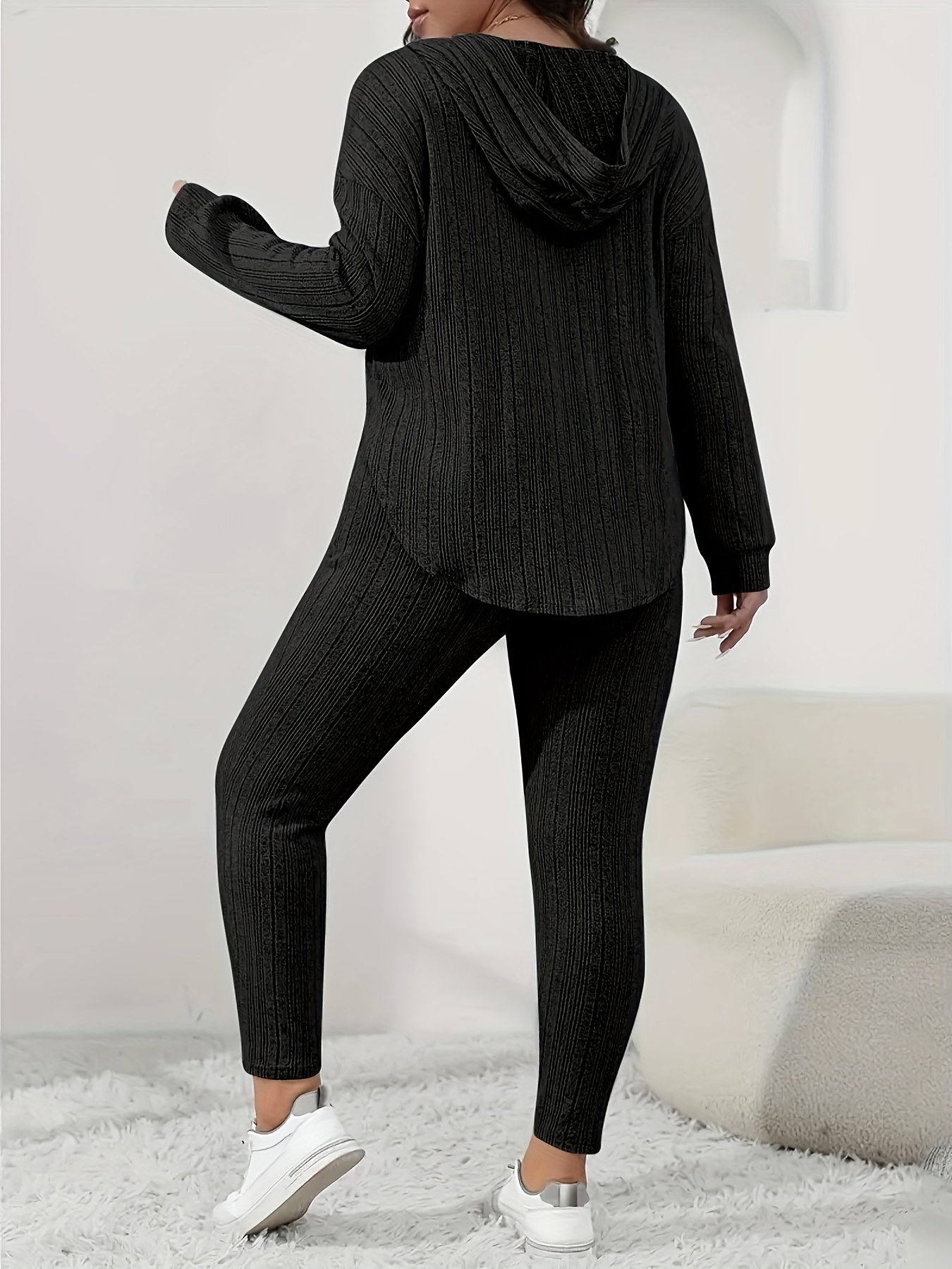 Plus Size Rib Knit Solid Long Sleeve Hoodie Tops Leggings - Temu Portugal