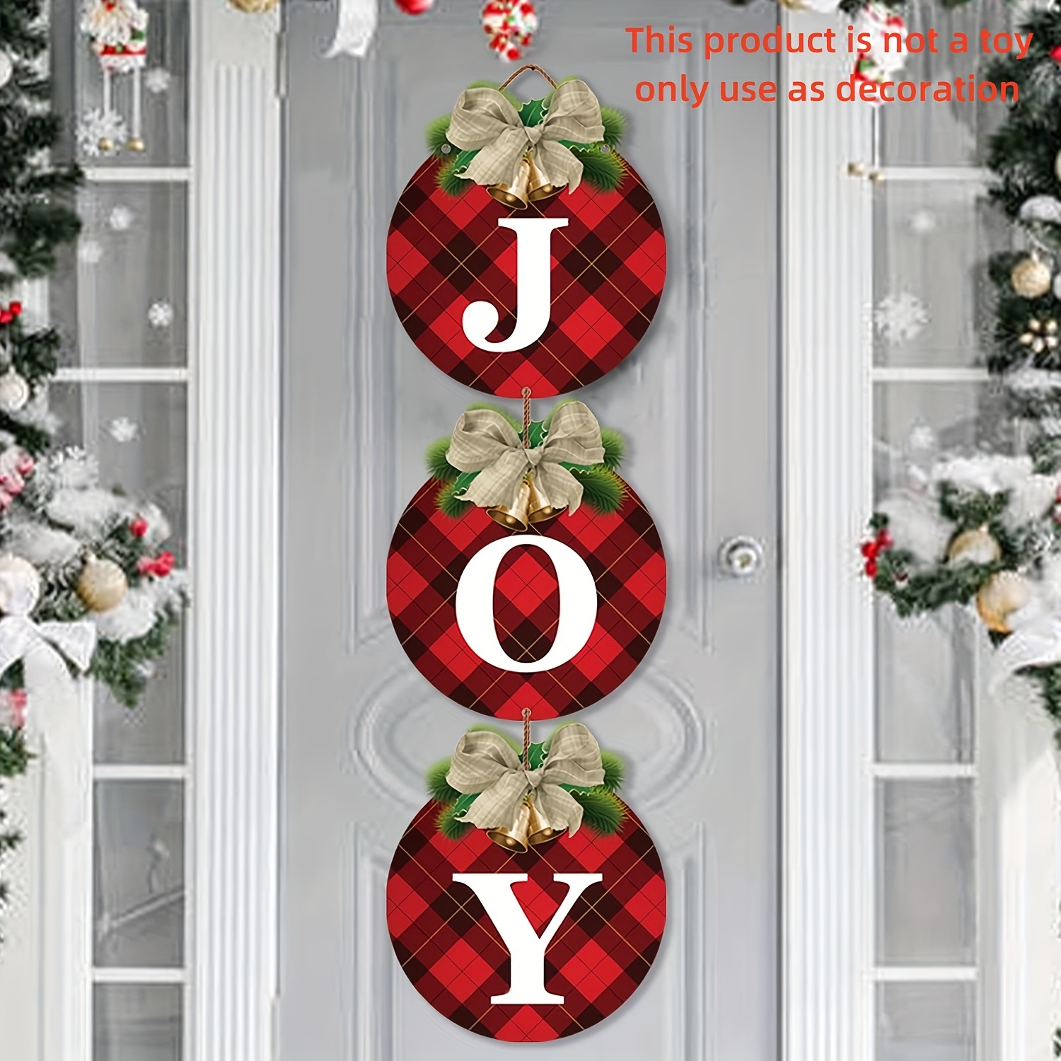 

3pcs, Christmas Pendant, Buffalo Plaid Christmas Wreaths For Front Door - Rustic Christmas Decor Joy Signs For Holiday Xmas Garage Door Wall Decorations Indoor Outdoor Decor