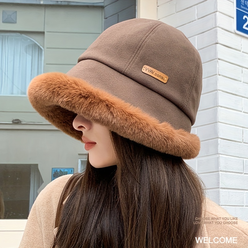 

Thick Plush Bucket Hat For Women Classic Solid Color Ear Warmer Basin Hats Outdoor Coldproof Fisherman Cap