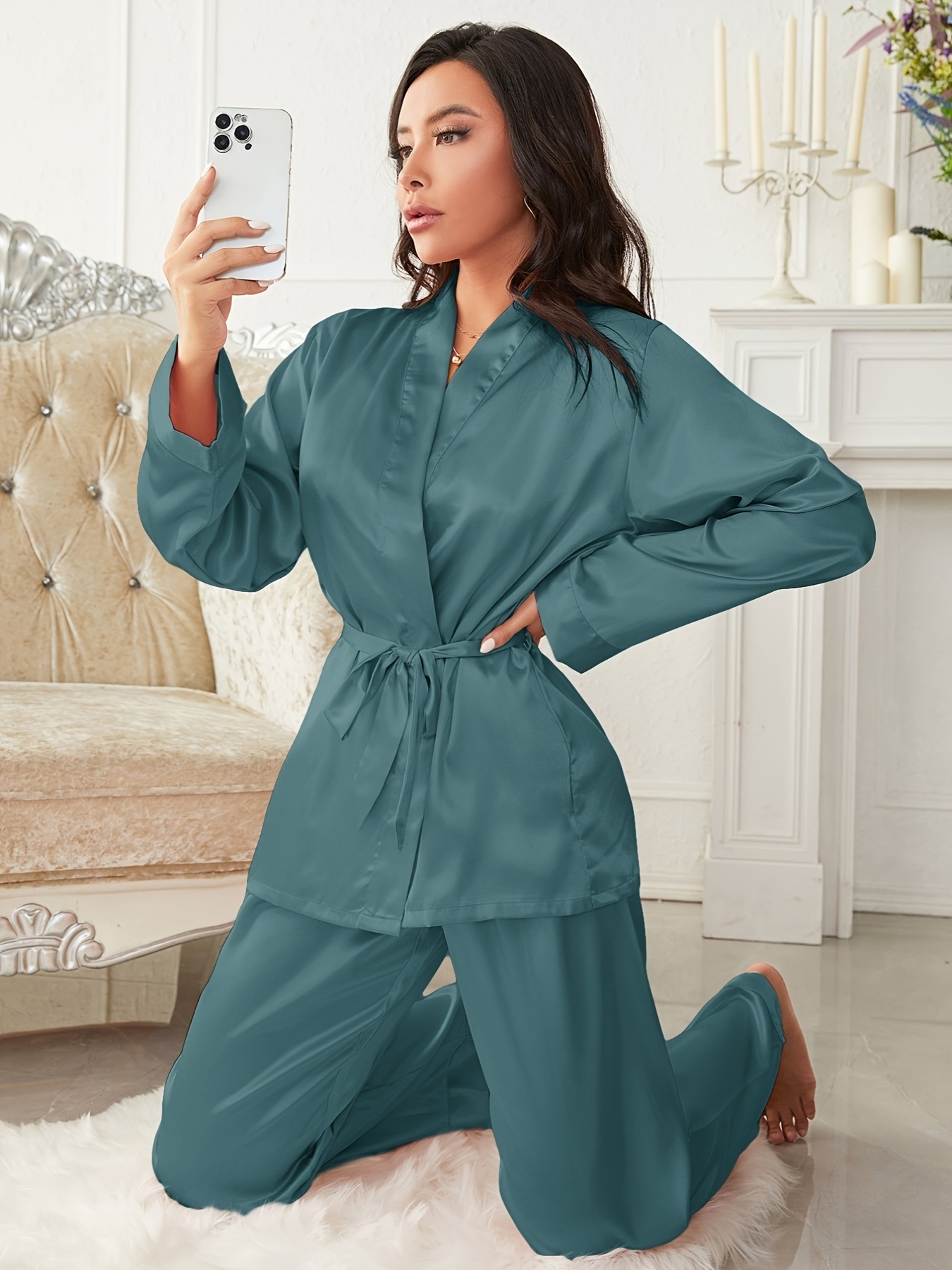 Solid Satin Pajamas Set Long Sleeve Robe + Cami Top + Lounge - Temu
