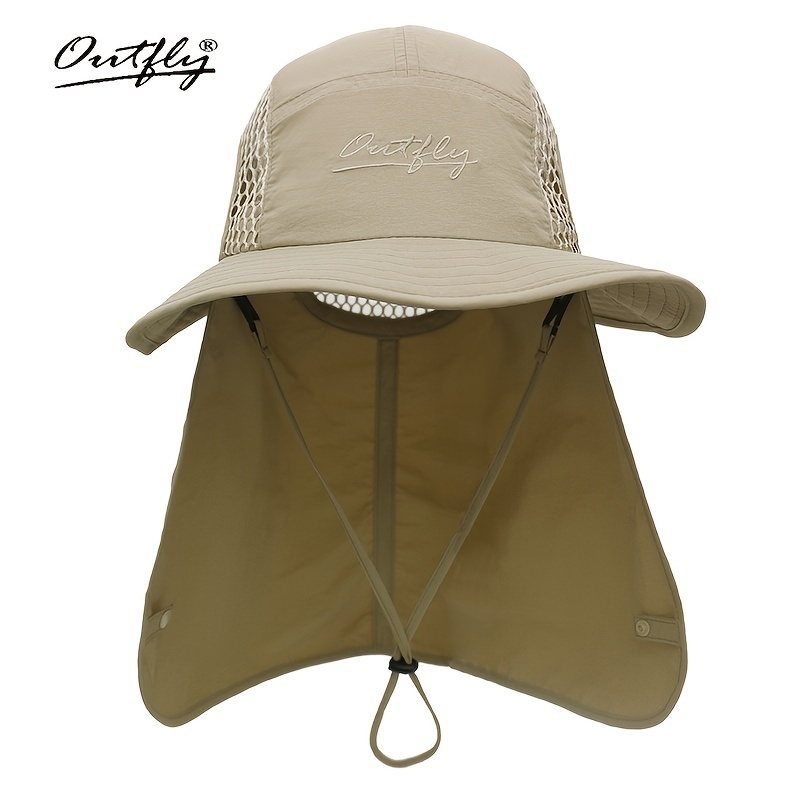 Khaki Vacation Summer Hat, Men's Outdoor Breathable Bucket Hat Sunscreen Neck Protection Adjustable Mountaineering Fishing Hat Fisherman Hat,Casual