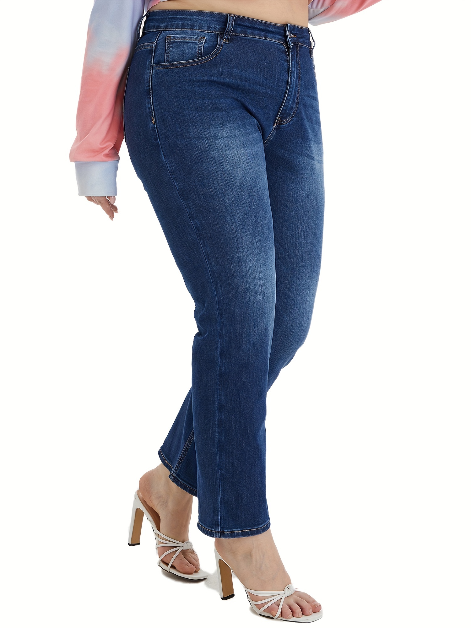 Plus Size Casual Jeans, Women's Plus Washed Button Fly High * Straight Leg  Jeans With Pockets