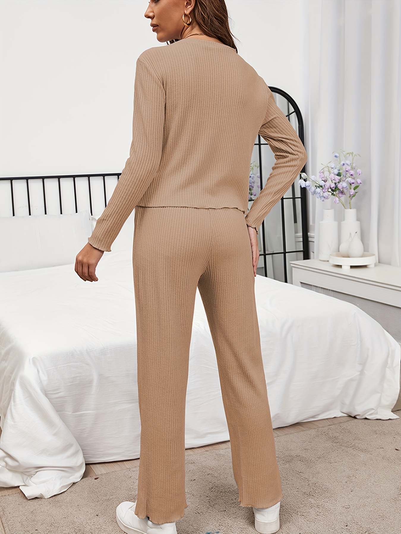 Solid Ribbed Soft Comfortable Pajama Set Two piece Set Long - Temu