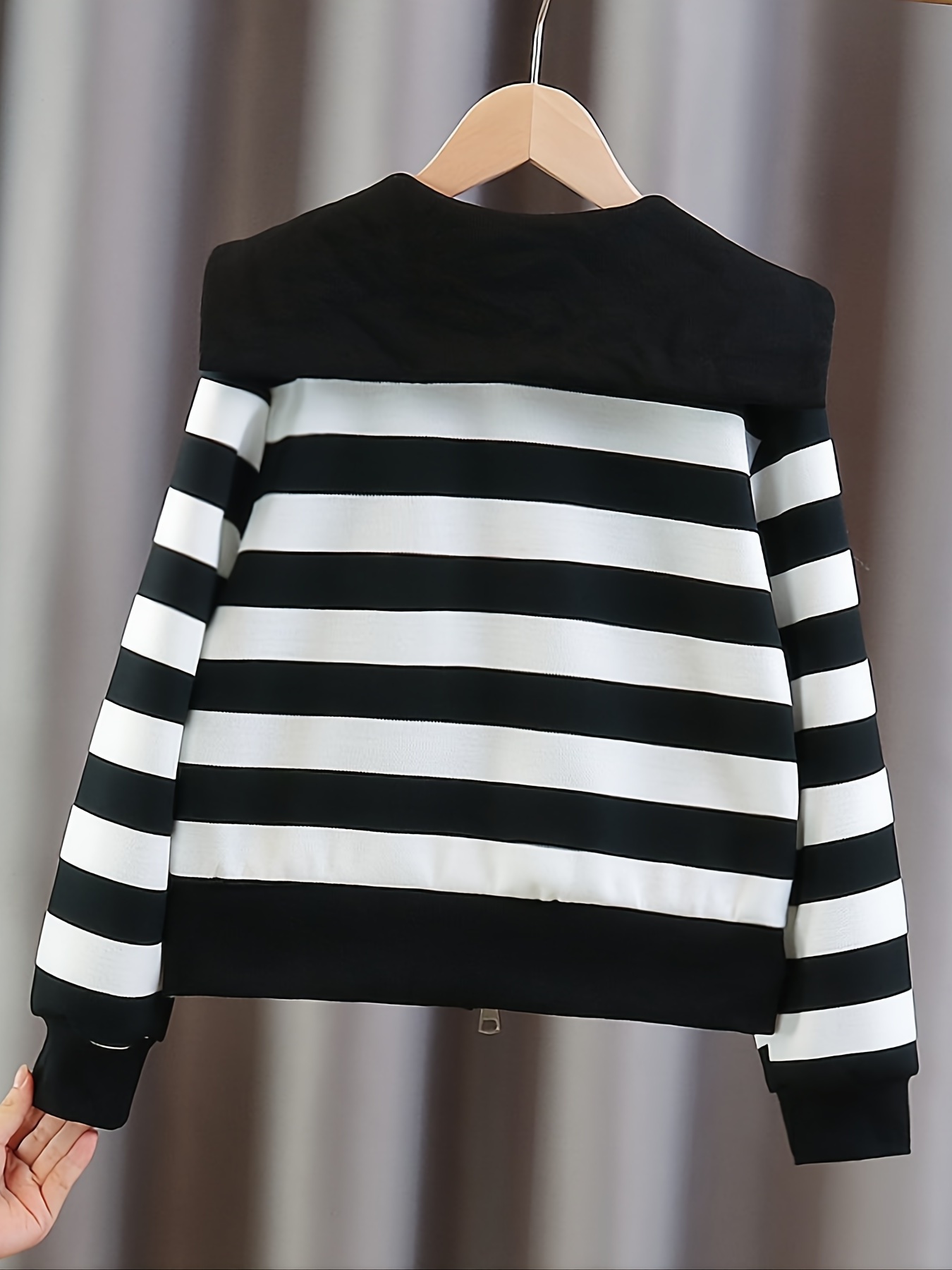 Girls Casual Striped Zip-up Sailor Collar Jacket For Autumn And Spring