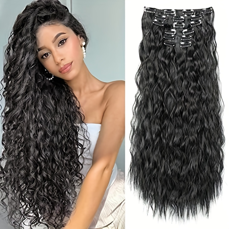 3pcs Long Water Wave Hair Extensions, Human Hair Extensions 18 inch Clips in Hair Extensions for Women Natural Looking Curly Hair Extensions,Temu