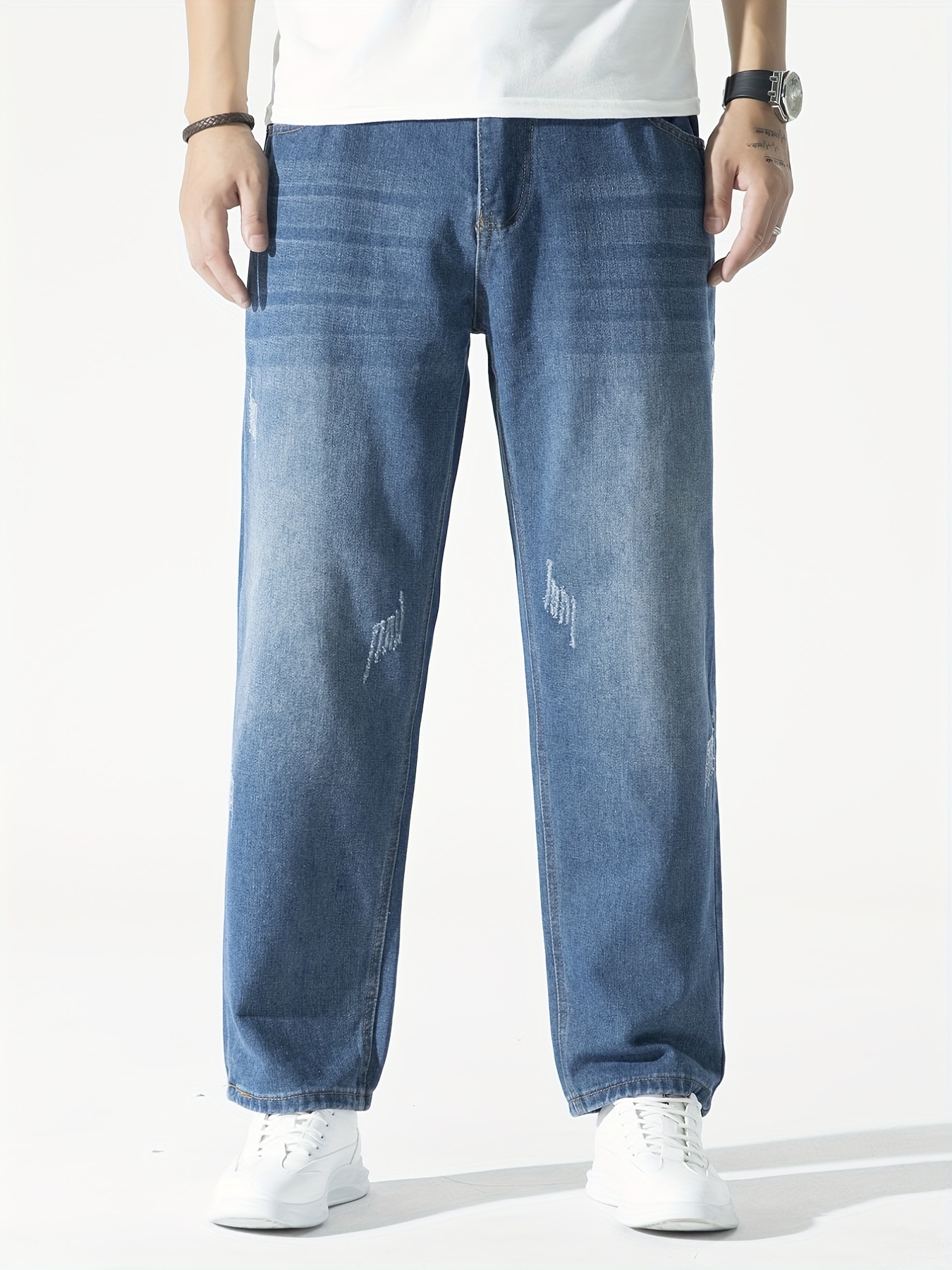 Plus Size Men's Stylish Jeans Slim Fit Solid Long Pants Side - Temu