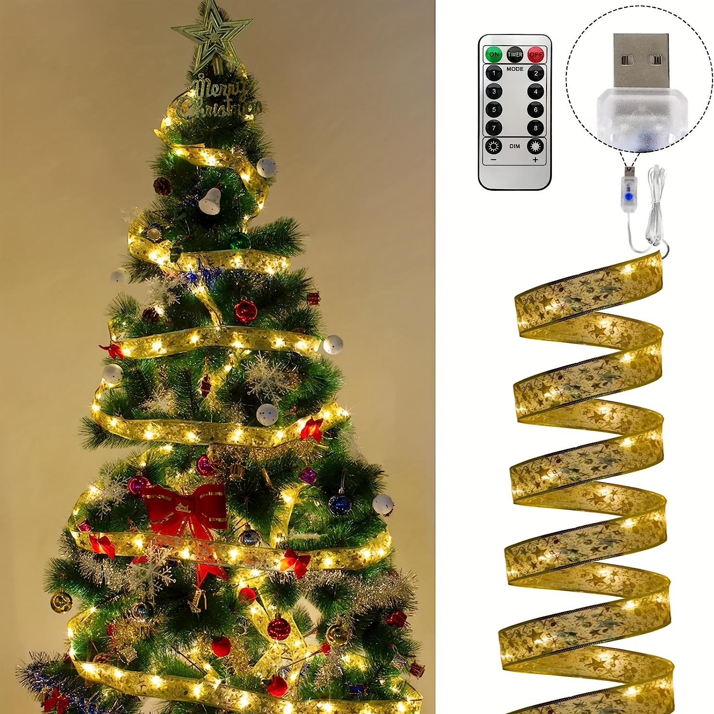 Christmas Ribbon Fairy Lights 32.8ft 100 LED Lights With Remote Control,8  Lights Modes USB Plug Powered Christmas Tree Ribbon Bows Fairy Strings  Lights For Weddings New Year Christmas Decorations White Lights  (32.8/16.4/3.28ft)