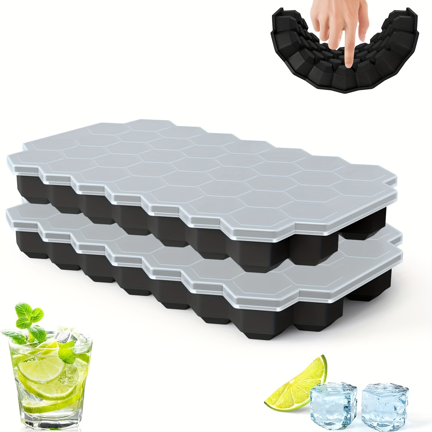 Upgrade Ice Cube Trays, 2 Pack Silicone Flexible Ice Cube Trays with Lid,  76 Cubes Ice Trays for Chilled Drinks, Whiskey & Cocktails, Stackable