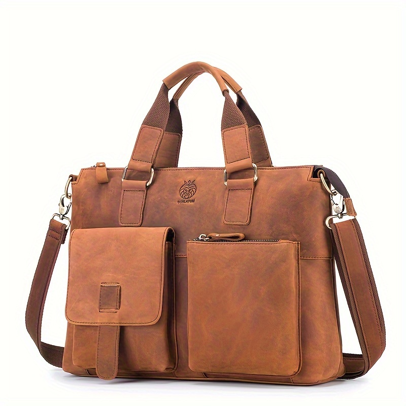 Vintage Genuine Leather Men Briefcase Laptop Bag Work - Temu