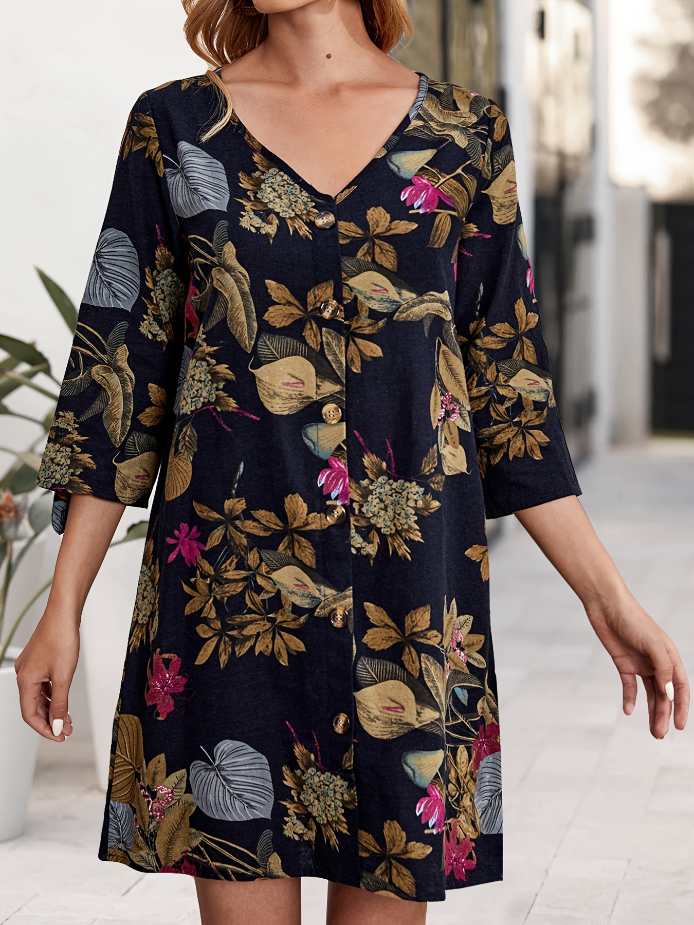 Casual Floral Print Dress V Neck Long Sleeve Dress Casual Every Day
