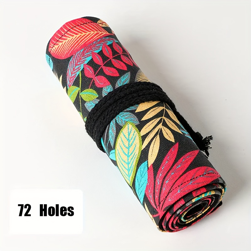 Image of 1pc Falling Leaves Print Portable Handmade Canvas Art Pencil Case 12/24/36/48/72 Holes Large Capacity Roll-up Pouch Colored Pencils Sketch Stationery Bag