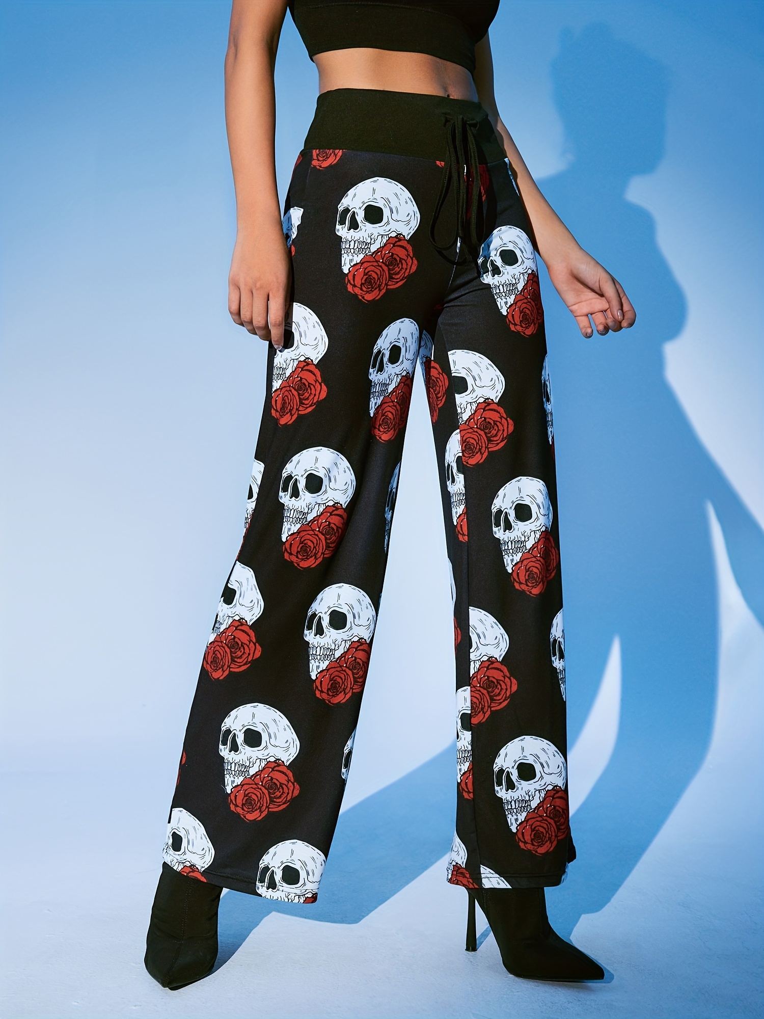 Halloween Skull Flower Print High Waist Leggings Fashion - Temu