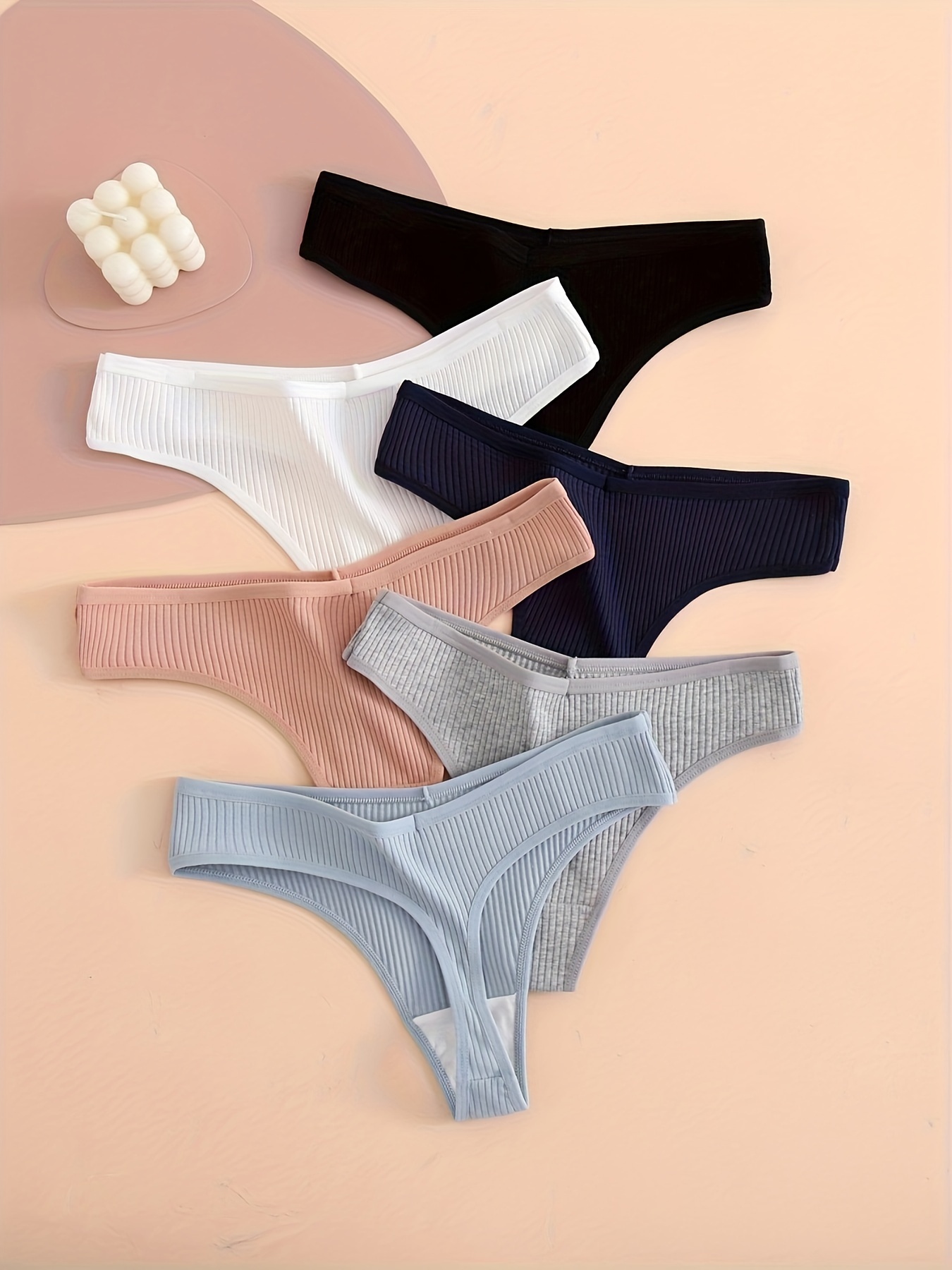 5pcs Solid Ribbed Thongs, Comfy & Breathable Low Waist Intimates Panties,  Women's Lingerie & Underwear