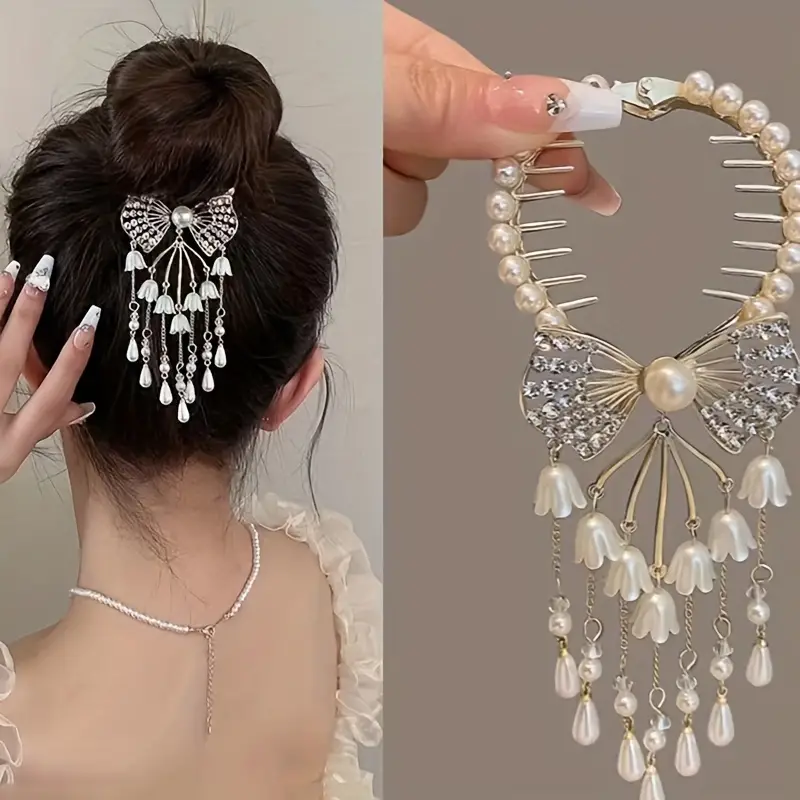 Faux Pearl Inlaid Rhinestones Bow Knot Hair Clips Elegant - Temu