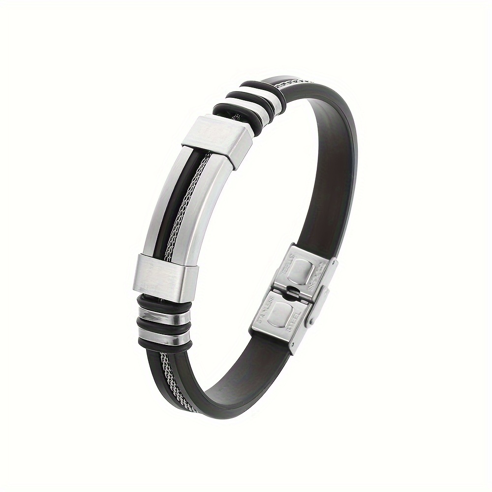 TEMU Una elegante correa de cadena de acero inoxidable 304 - Pulsera de silicona estilo hip-hop para hombre, diseñada con estilo, cómoda de llevar,