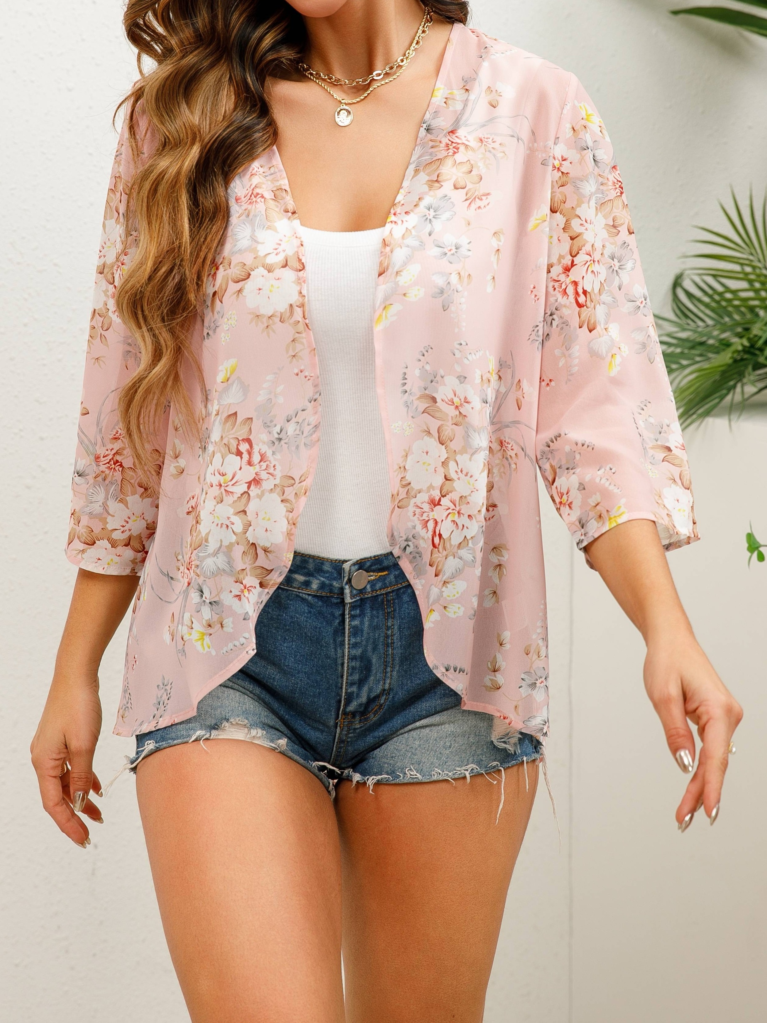 floral print open front blouse versatile beach wear coverup blouse for spring summer womens clothing