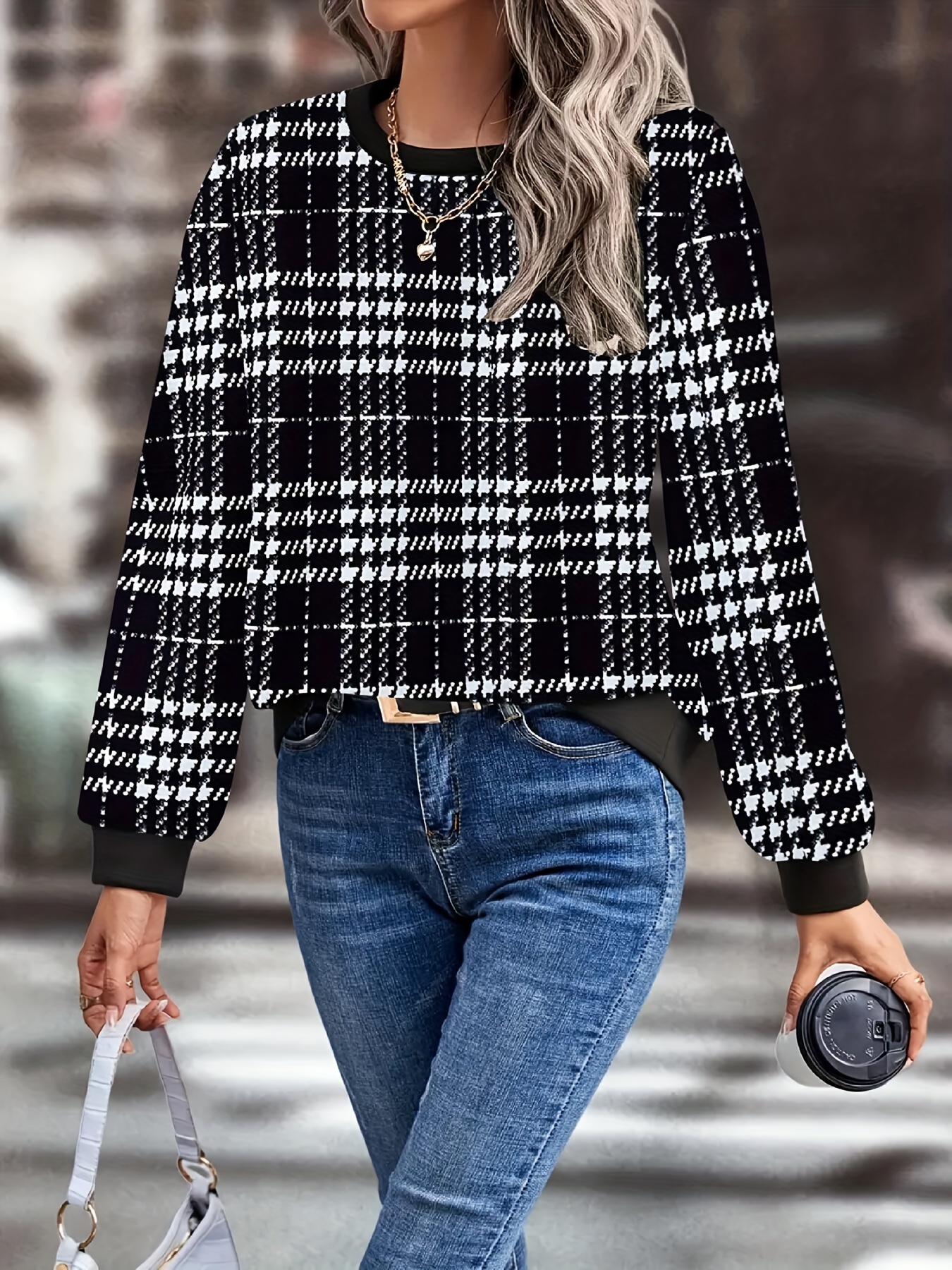 Plaid crew 2025 neck sweatshirt