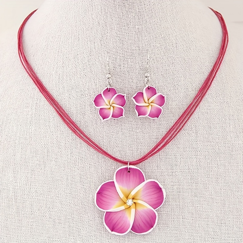 

Korean Style Elegant Hawaii Plumeria Rubra Soft Pottery Flower Design Necklace & Earrings Jewelry Set Female Ornament