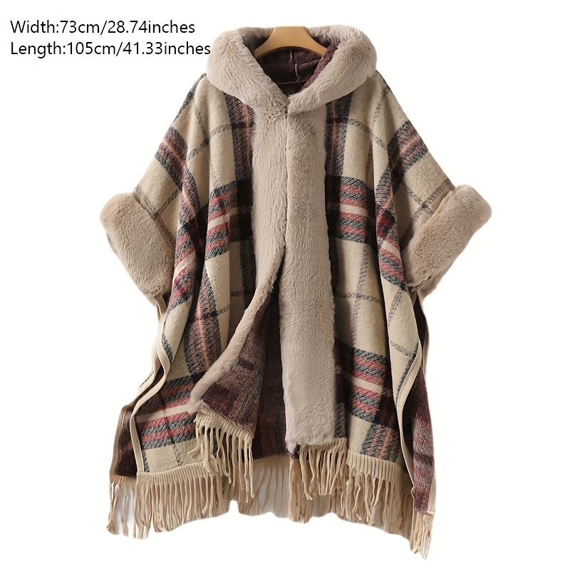 Boho Thicken Warm Shawl Plaid Tassel Cape Coat Hooded Wrap Mature Knitted  Outwear Shawl For Winter - Temu Canada