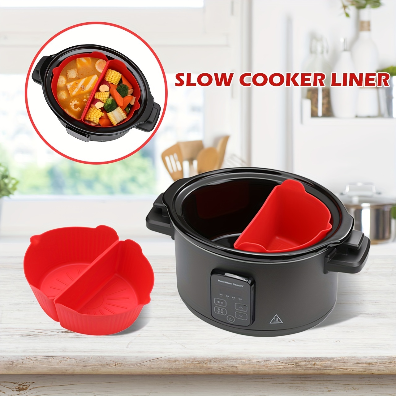 Yous Auto Slow Cooker Liners - Reusable Crock Pot Divider,Safe Silicone Cooking Bags Fit 6-8 Quarts Oval or Round Pot Dishwasher Safe Cooking Liner