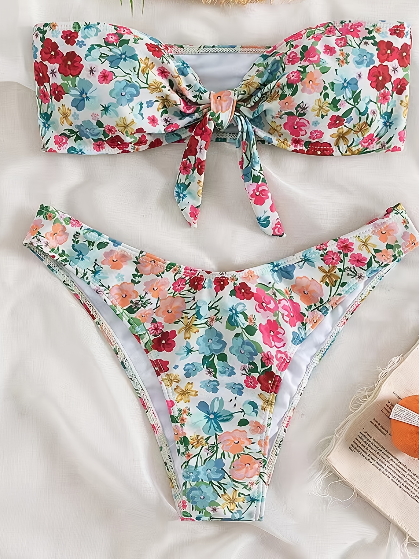 Floral Print Bandeau Bikini Sets Knot Front Strapless Tube - Temu